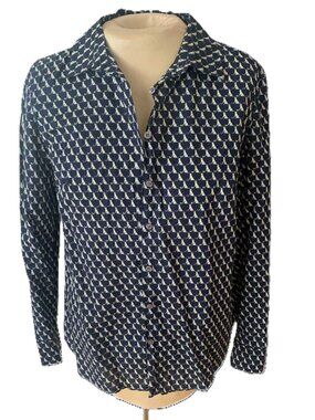 Talbots Navy Novelty Print Cotton Button‑Down Shirt Size 10P